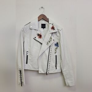 Me Jane Faux Leather White Floral Embroidered Jacket - Medium